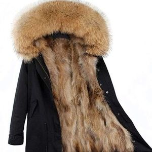 Women's Real Raccoon Fur Parka Detachable Fur Liner Hood Fur Coat Women